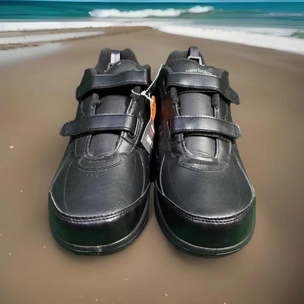 NEW BALANCE 577 HOOK & LOOP BLACK LEATHER MENS WALKING SHOES SZ 10.5 D